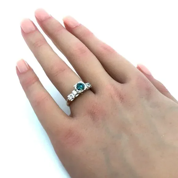 Vintage AM-G 14K Yellow White Gold Blue Diamond White Accented Engagement Ring
